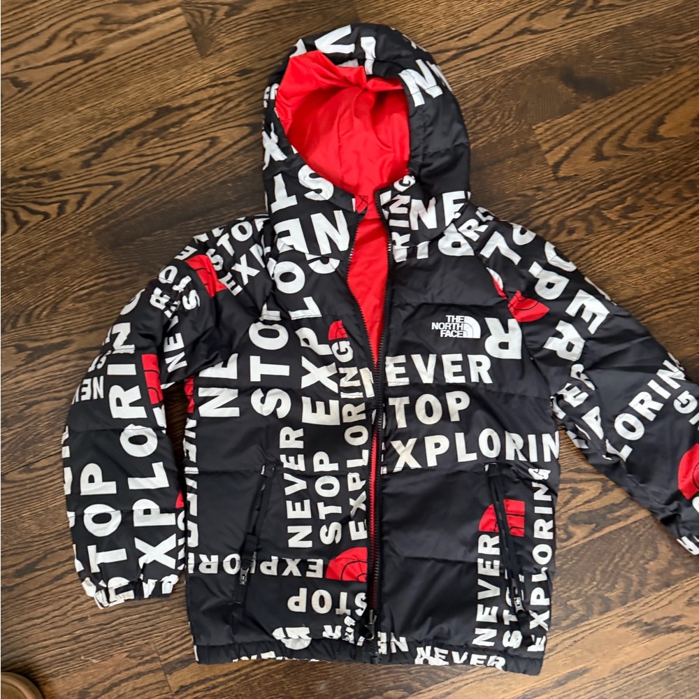 The North Face Black Jacket with Red and White Text